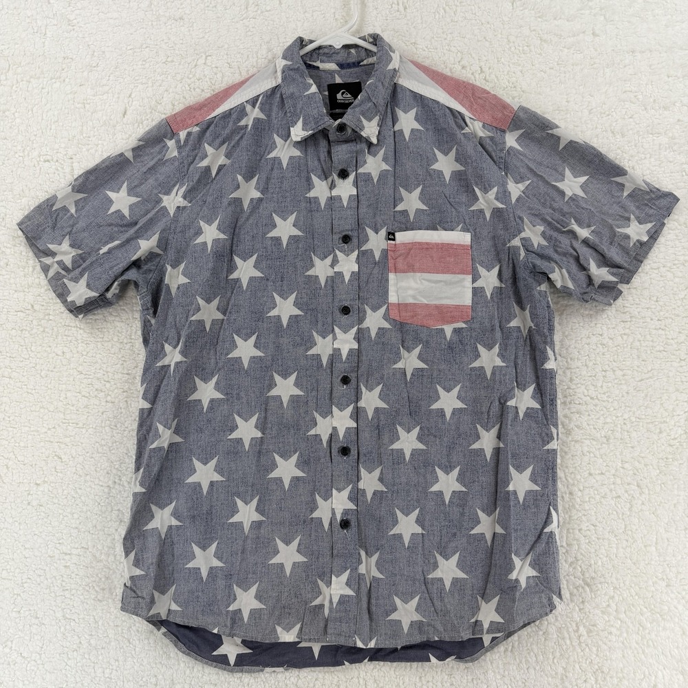 Quiksilver Shirt Mens Medium Blue Star Print Button Front‎ USA Flag Patriotic